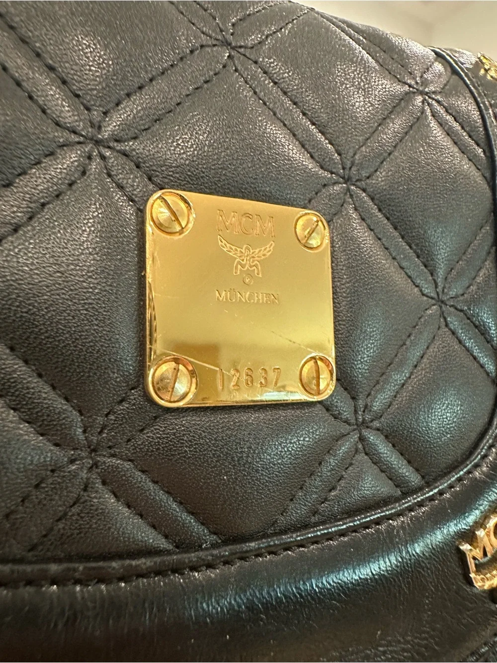 MCM # 226 Quilted Black Leather Backpack Gold Hardware/Logo Studs